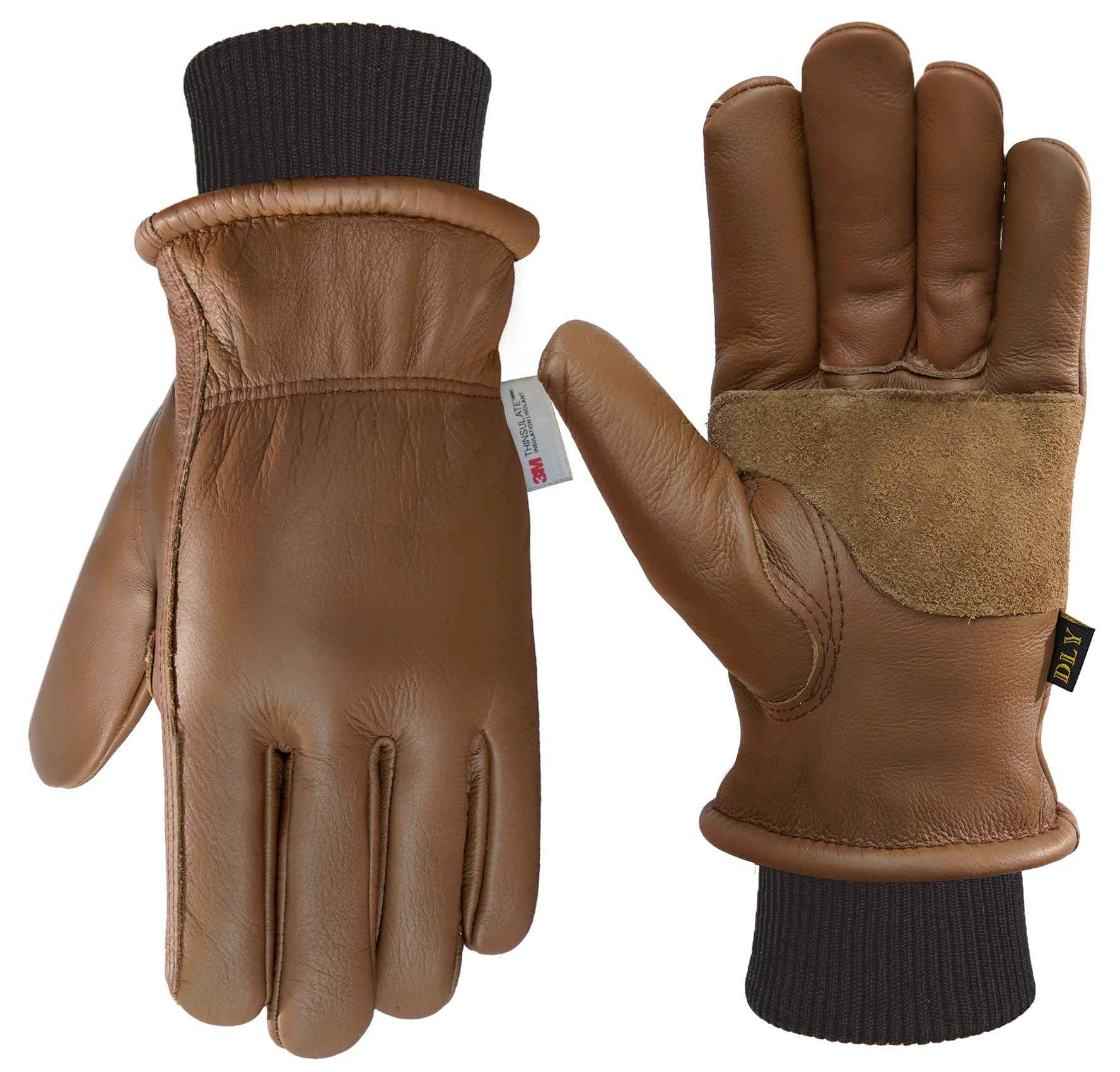 DLY Winter Work Gloves for Men, Water-Resistant, Insulated, Puncture and Abrasion Resistant, Cowhide Leather with Warm Thinsulate Lining for Cold Weather, Large, Brown, New