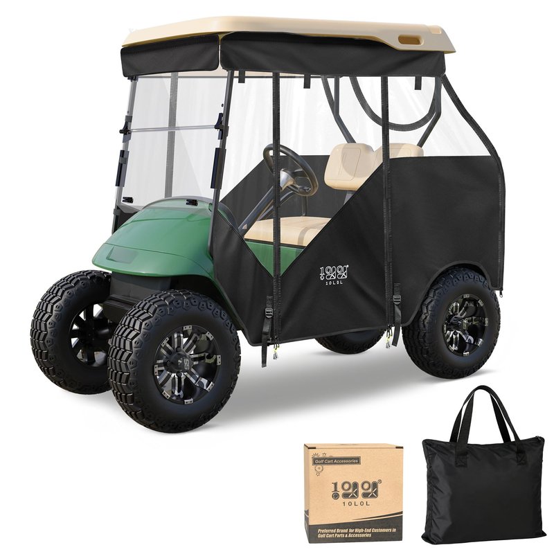 10L0L 3-Side Track Style Golf Cart Enclosure 2 Passenger Fits EZGO TXT & RXV Golf Cart Only, Heavy Duty 600D Waterproof Portable Drivable Golf Cart Storage Cover Enclosure (Track Style Black)