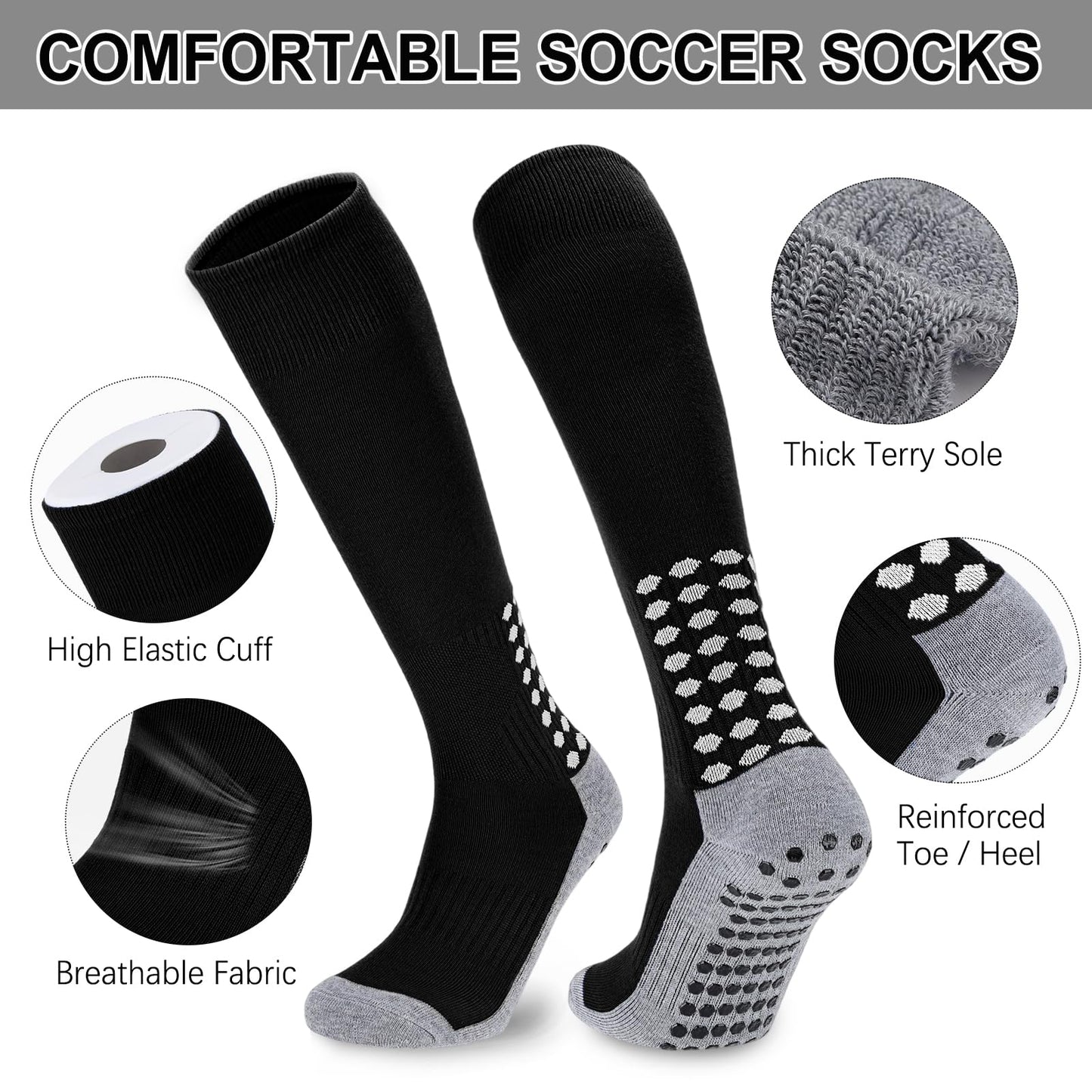 Regilt 3 Pairs Kids Youth Grip Soccer Socks, Non Slip Knee High Soccer Football Sport Socks for Boys Girls Age 8-17 (US, Alpha, Large, Regular, Regular, Black)