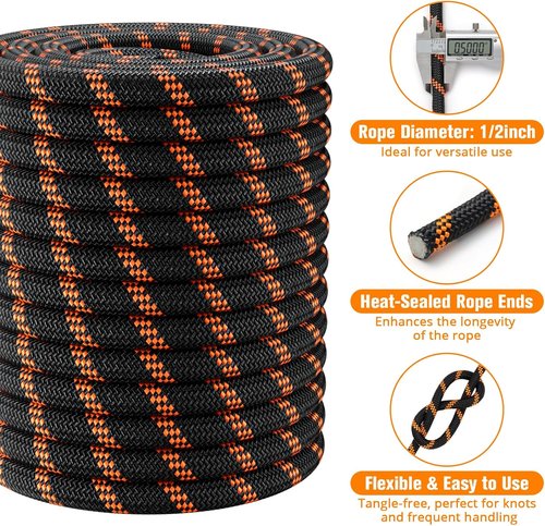 Double Braided Arborist Rigging Rope - Heavy Duty 1/2 in X 150 ft Polyester for Tree Work & Camping - Black