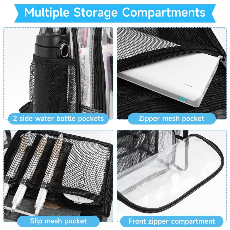 WELIDAY Clear Backpack Heavy Duty PVC Transparent Backpack Large Capacity Clear Bookbag for Work and Travel Security Ruggedly Reinforced Strap for Men, Women, Boys & Girls (Black)