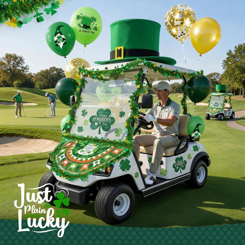 St Patricks Golf Cart Parade Decorations Kit, Car Decor with Giant Leprechaun Hat, Green Metallic Tinsel Garland, Bunting Flag ,Balloons, Shamrock Stickers for Outdoor Holiday