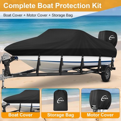 Kipiea 1300D Boat Cover - Heavy Duty Waterproof Protection for V-Hull & Bass Boats (14'-16' Long)