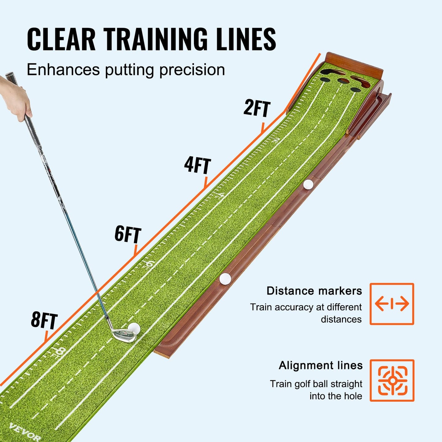 VEVOR Golf Putting Mat, 2 Hole Indoor Putting Green, Wrinkle-Free Golf Training Aid, Mini Golf Set with Auto-Ball Return, Alignment Guide, 3 Ball, Wood Base, Game Practice Gift for Home Office