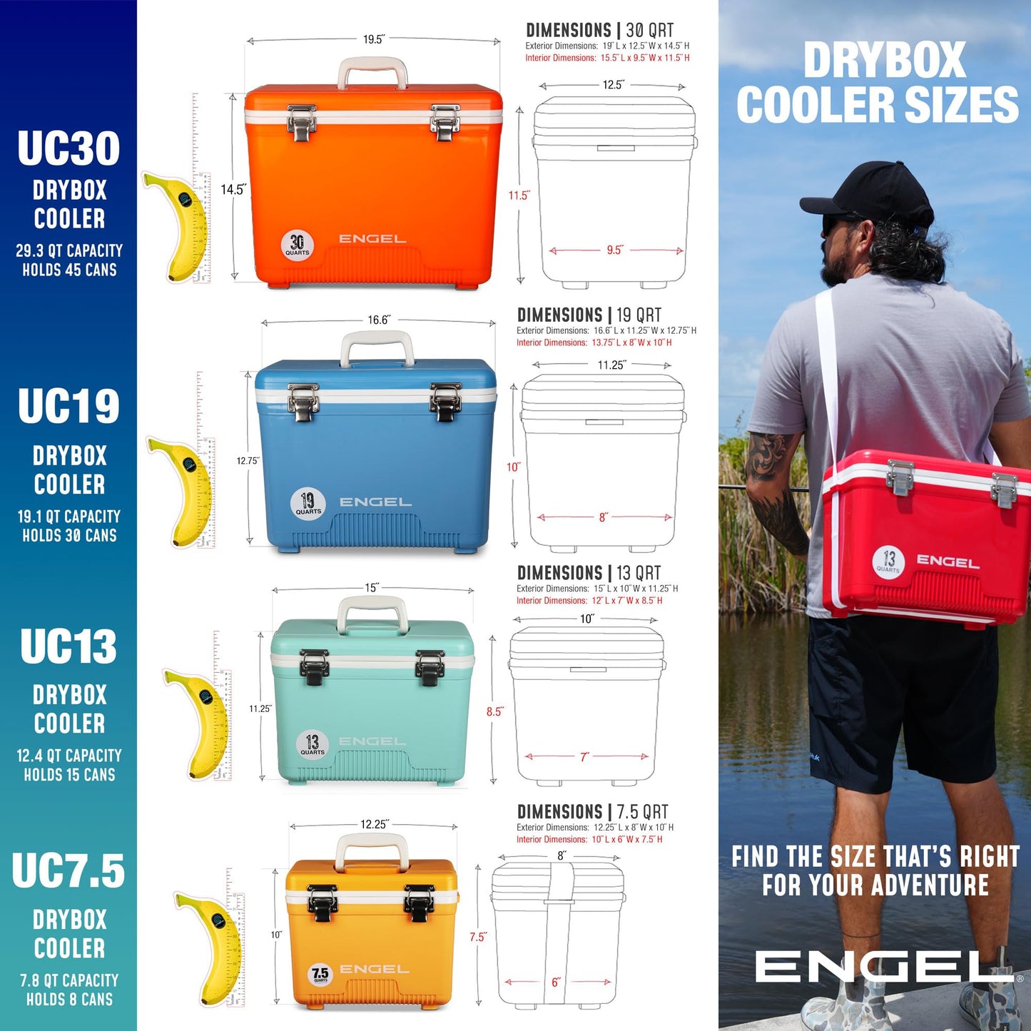 Engel UC7 7.5qt Leak-Proof, Air Tight, Drybox Cooler and Small Hard Shell Lunchbox for Men and Women in Black with Blue Interior