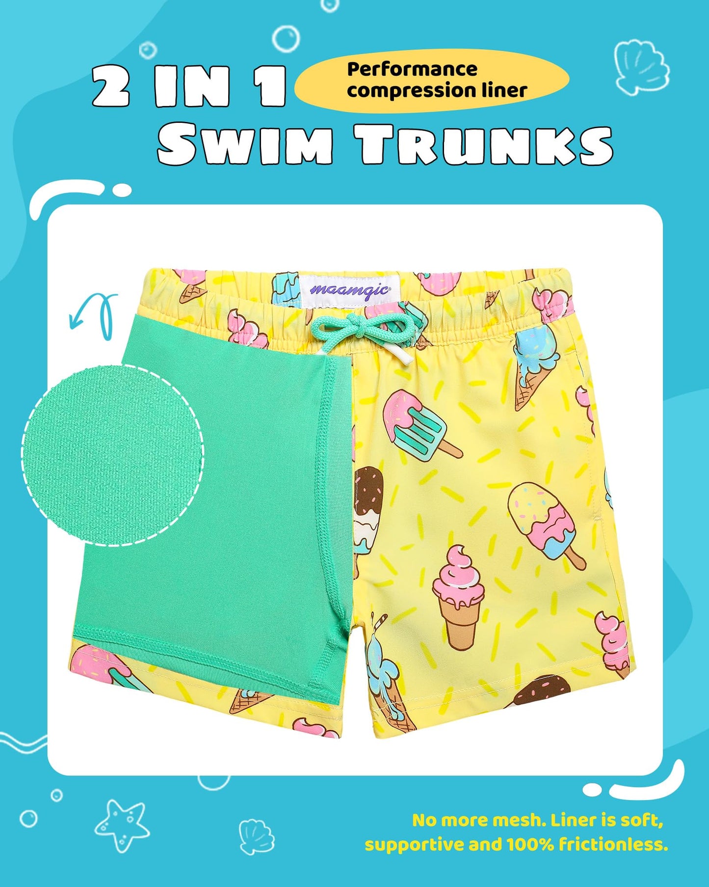 maamgic Boys Swim Trunks with Compression Liner Toddler Stretch Swim Shorts Quick Dry Swimming Trunks Boxer Brief 2 in 1 Beach Shorts Yellow Ice Cream 5/6