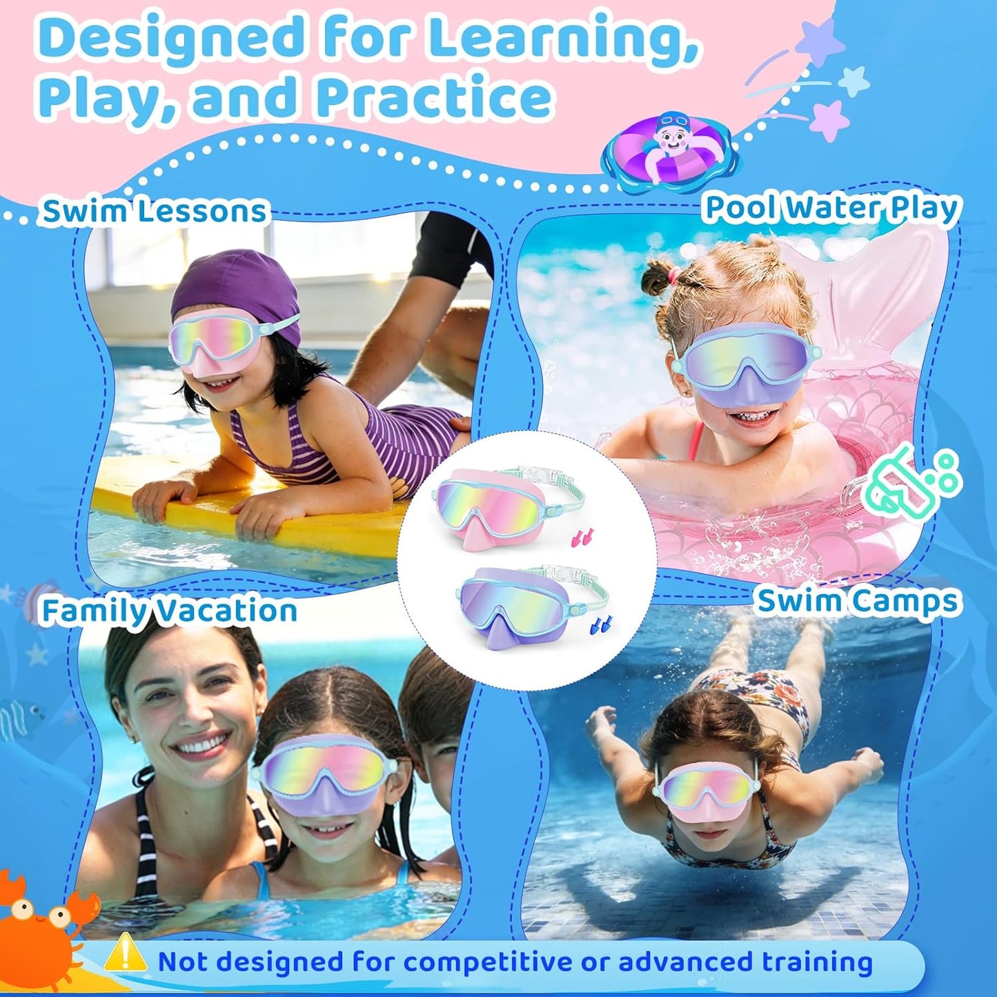 Vvinca Kids Swim Goggles - Anti-Fog UV Protection & Nose Cover | 2 Pack for Ages 3-14