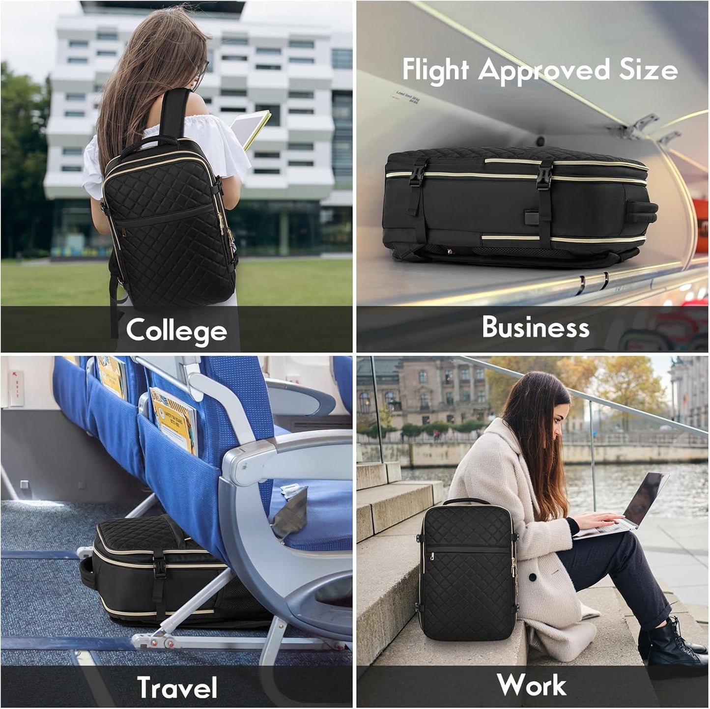 MOMUVO Travel Backpack - Airline Approved Carry-On for Women | 15.6" Laptop, USB Charging, Black
