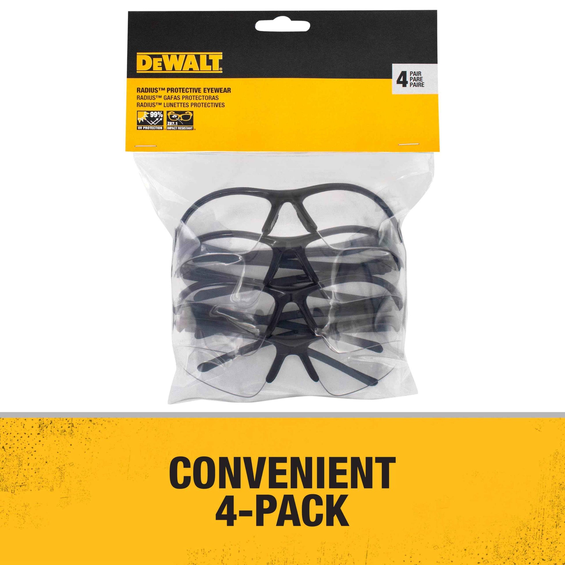 DEWALT DPG51 Radius Unisex Half Frame Protective Eyewear, Black Frame Clear Lens - 4 Pack