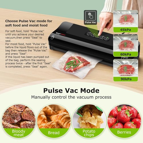 Bonsenkitchen Vacuum Sealer - Multi-Functional Food Preservation System with 5 Bags | Compact Design, Black