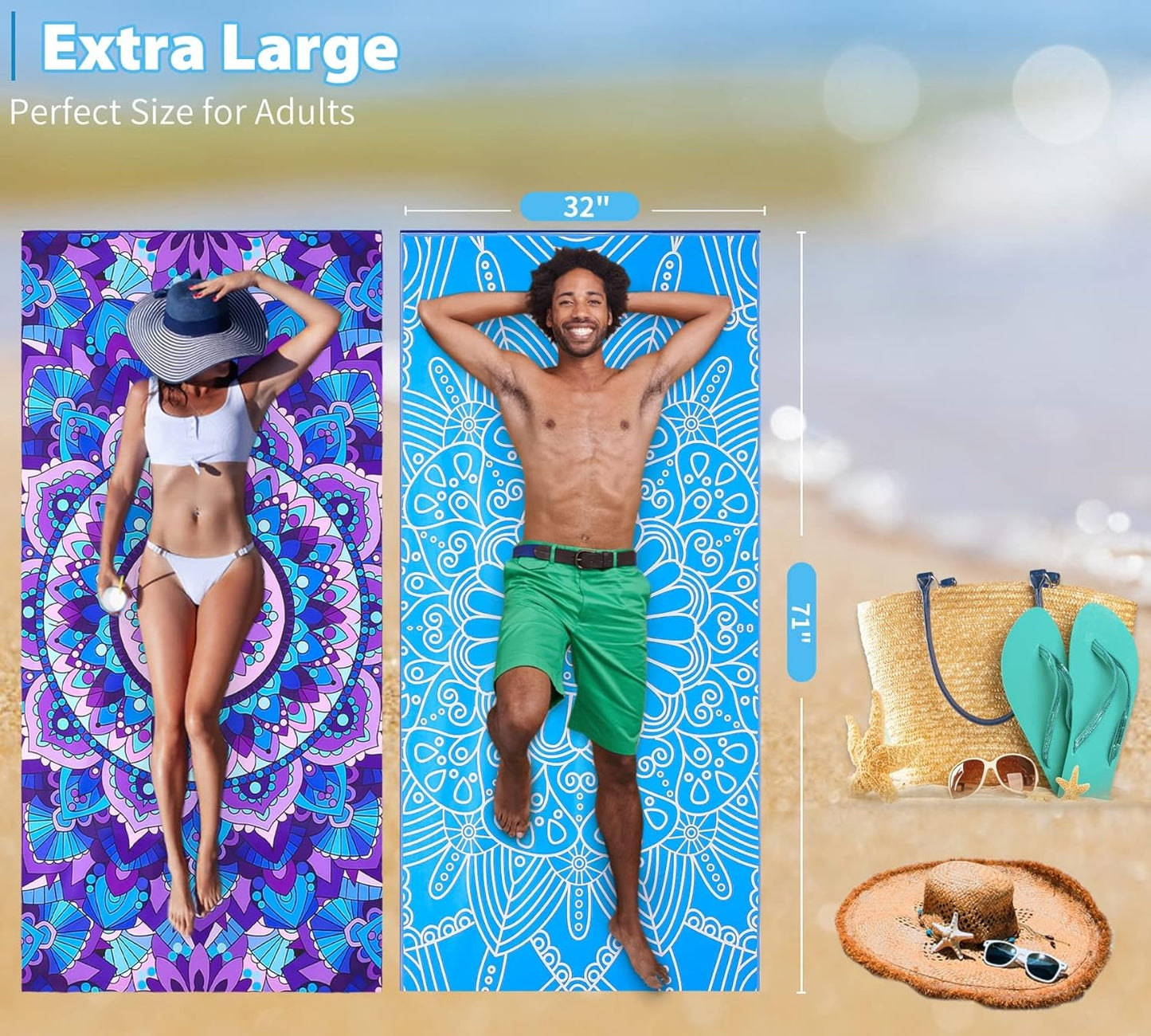 Skiennix Oversized Microfiber Beach Towels - Lightweight & Sand-Free | 71x32 Inches - Perfect for Travel & Yoga