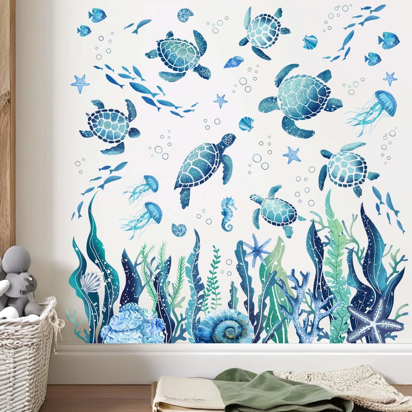 Amimagen Ocean Sea Turtle Wall Stickers - Under The Sea Marine Theme Seaweed Grass Wall Decals - Baby Nursery Kids Bedroom Daycare Bathroom Wall Decor Stickers