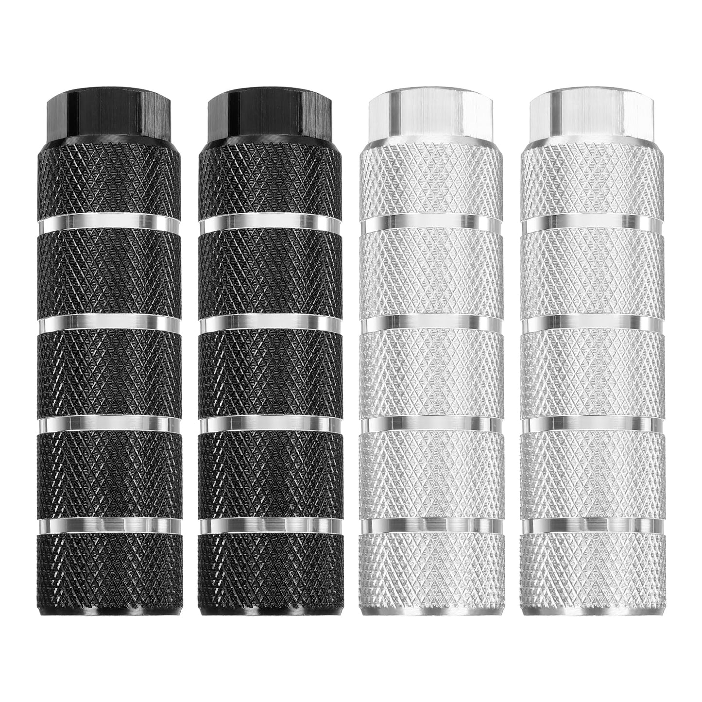 HARFINGTON 2 Pairs Bike Pegs Aluminum Alloy Rear Stunt Pegs Anti-Skid Stripe Back Seat Stands Fit 3/8" Axles for Mountain Bike, Black & Silver