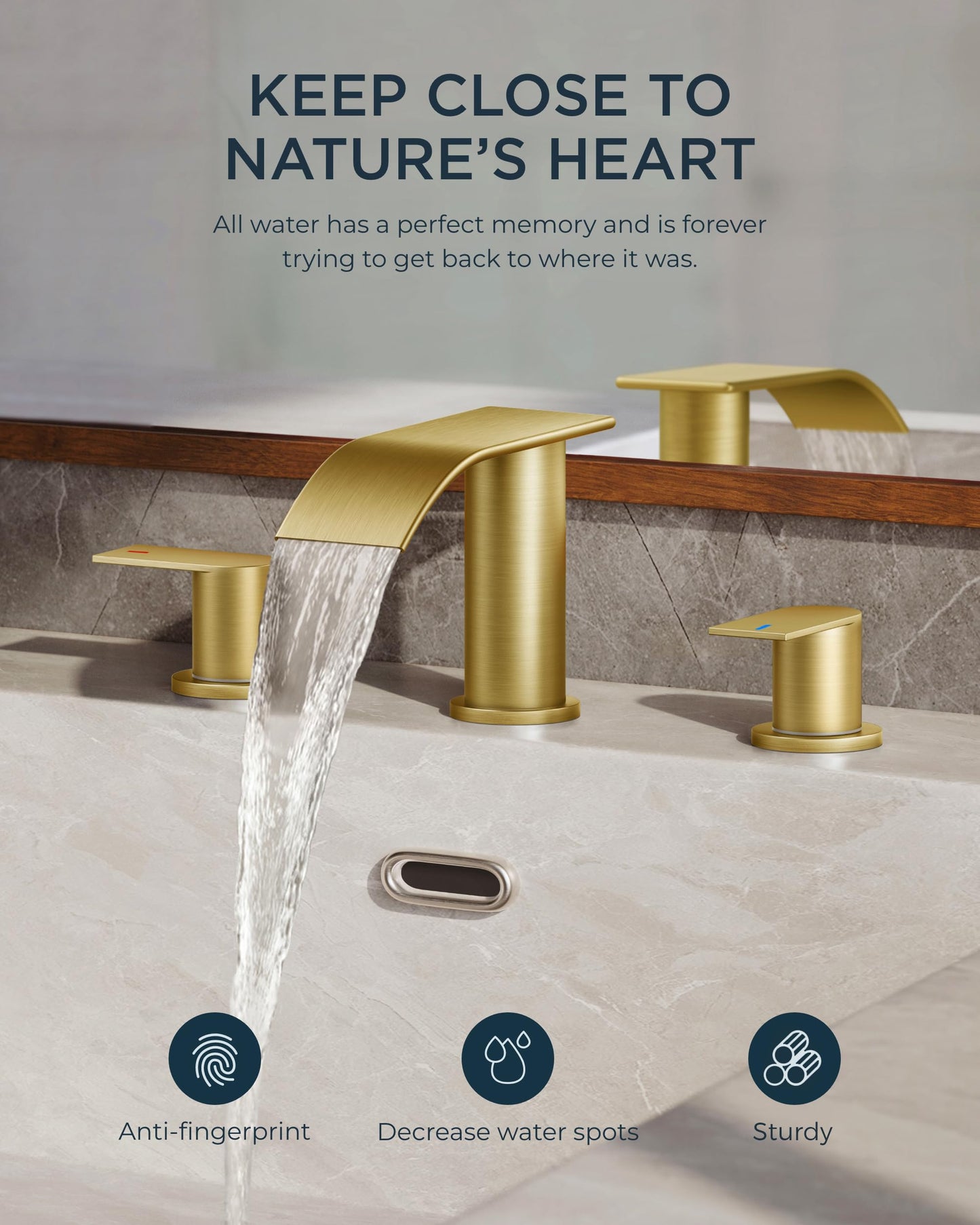 FORIOUS Upgrade Brushed Gold Bathroom Faucets 3 Hole, 8 Inch Widespread Waterfall Bathroom Sink Faucet Two Handle with CUPC Hose and Metal Pop-up Drain for Lavatory, Farmhouse, Rv Remodel