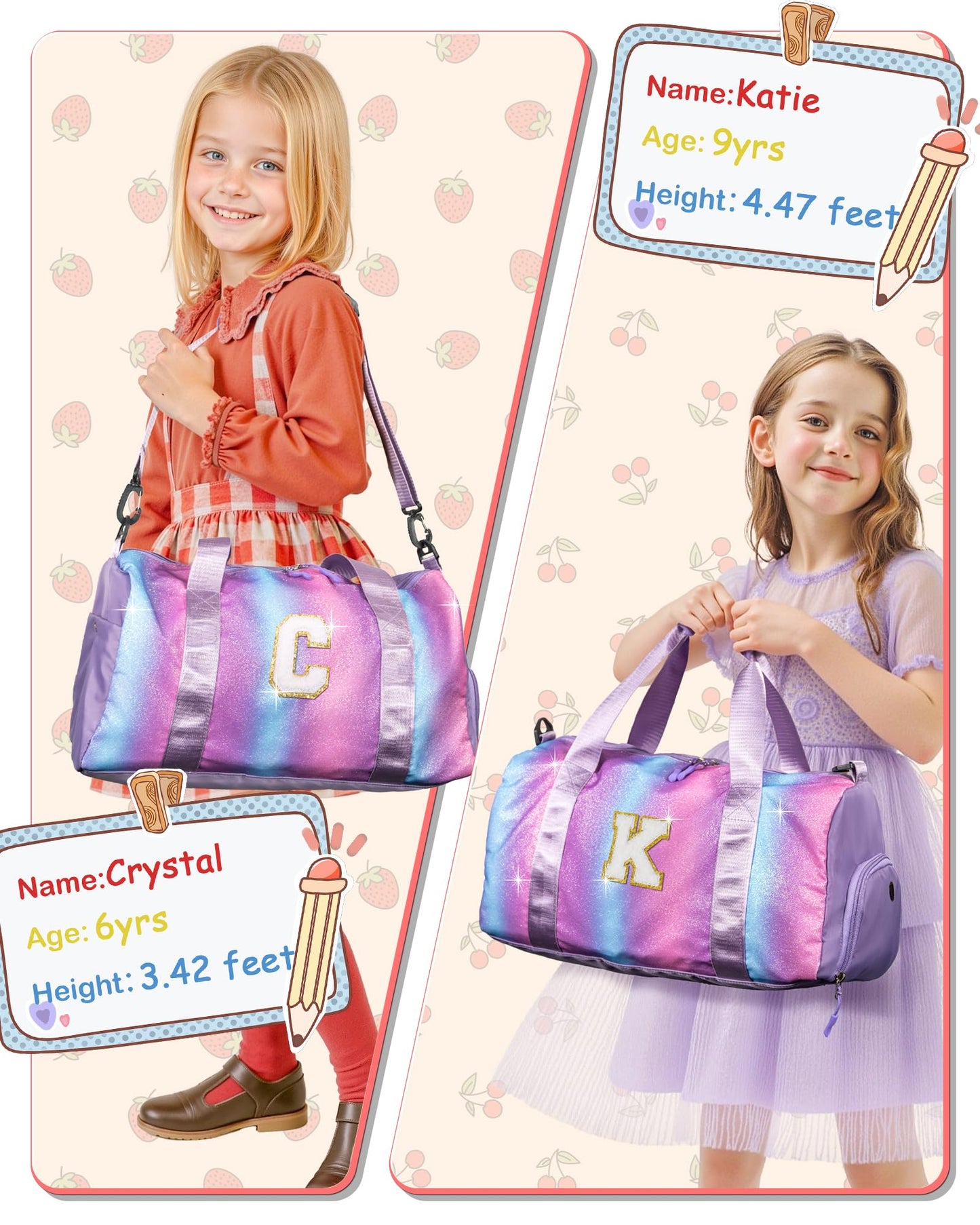 Vogewood Girls Cheer Up Gifts-Girl Gym Bag with Shoe Compartment, Kid Personalized Weekender Ballet Bags, Initial Travel Tote with Makeup Pouch, Dance Gift for Niece Kids Daughter (Letter K)