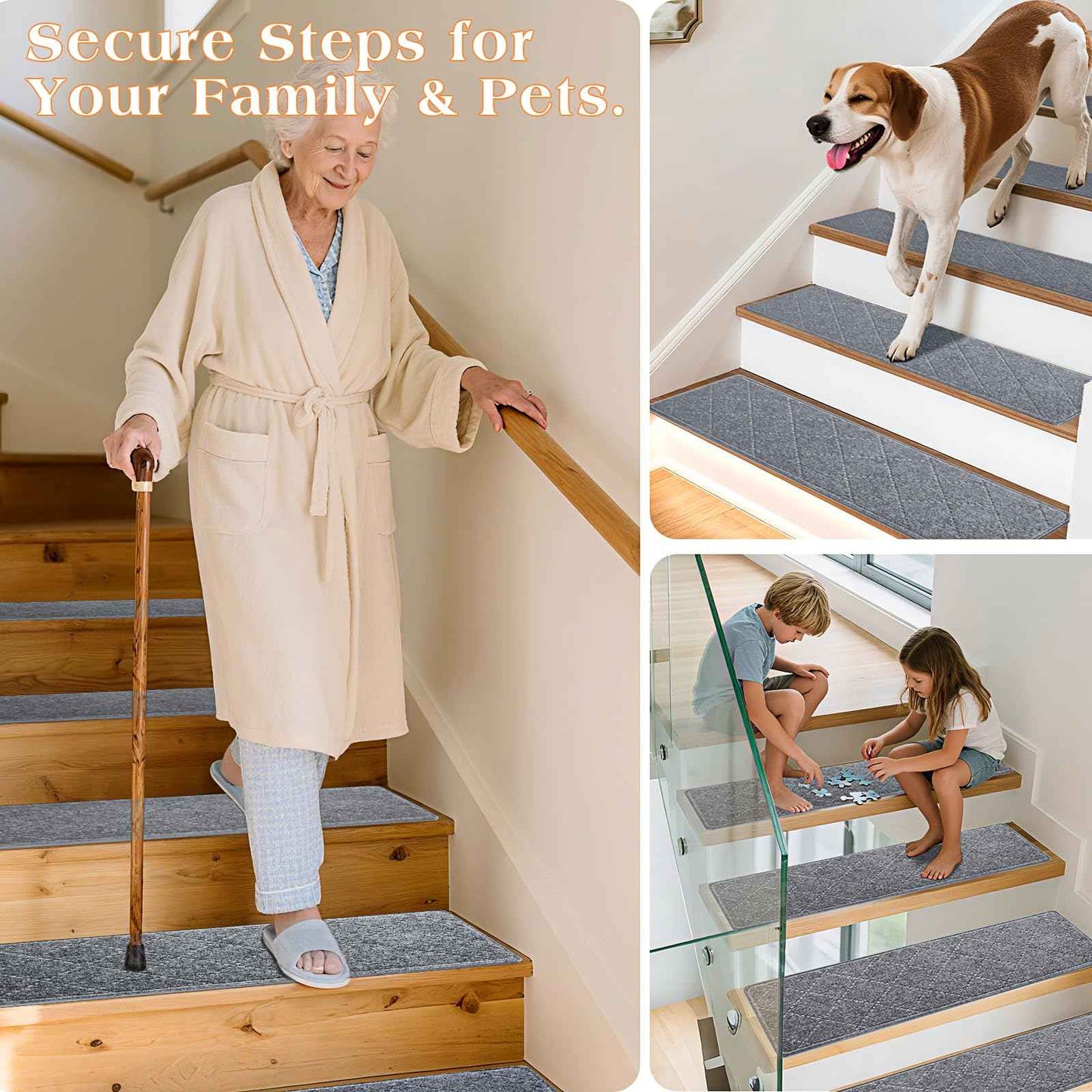 DailyCuddles Stair Treads for Wooden Steps 4 PCS - 8’’ x 30’’, Non Slip Stair Runner, Machine Washable Stair Rugs Strips for Kids Pets and Elderly, Indoor Carpet for Stairs (Grey)