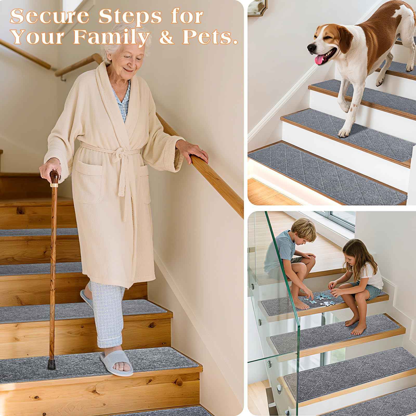 DailyCuddles Stair Treads for Wooden Steps 4 PCS - 8’’ x 30’’, Non Slip Stair Runner, Machine Washable Stair Rugs Strips for Kids Pets and Elderly, Indoor Carpet for Stairs (Grey)
