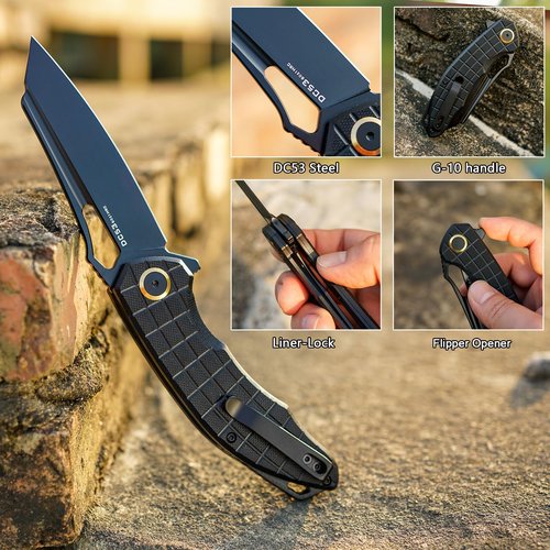 FORESAIL Folding Pocket Knife, 3.54" DC53 Steel Blade,4.65" G10 Handle, Liner Lock, Reversible Pocket Clip for Everyday Carry, Outdoor Activities. (Black PVD blade)