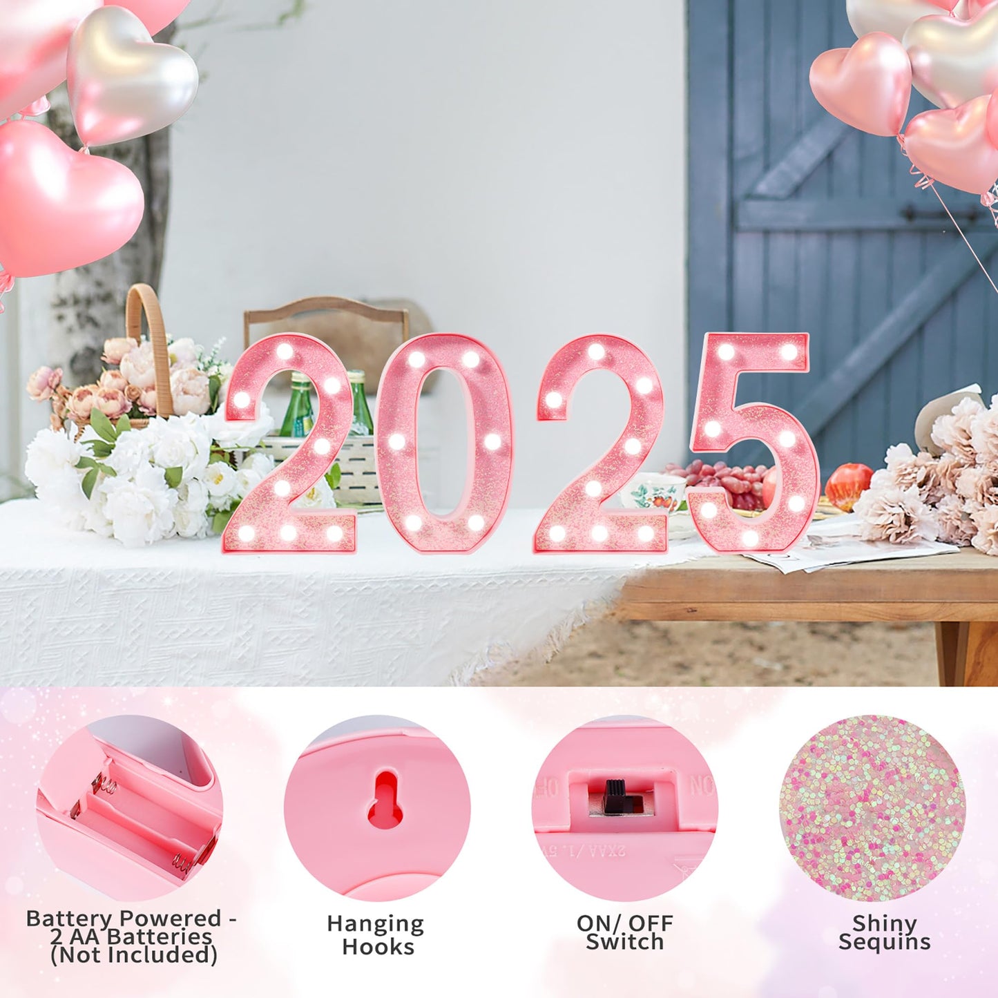 EUFONY Pink LED Marquee Light Up Letters, Glitter Alphabet Letter Lights for Birthday Party Decorations, Battery Operated Letter Signs for Girls Room Table Decor, Pink letter A with Cool White Lights
