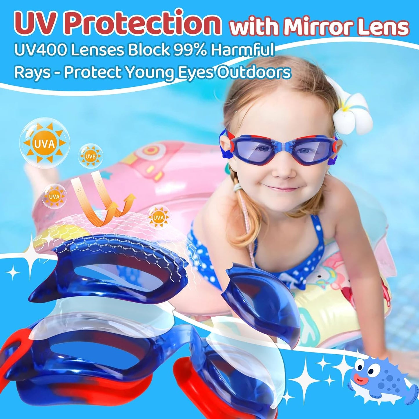 Vvinca Swim Goggles - Anti-Fog UV Protection | No Leak Design for Kids Ages 3-15 (2 Pack)