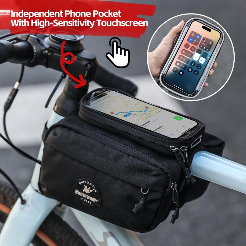 Rhinowalk Bike Top Tube Bag with Touch Screen Phone Pouch - Bicycle Frame Bag with Phone Holder, Double Side Pannier Zipper & Magnetic Closure (Black)
