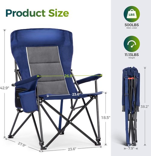ALPHA CAMP Oversized Folding Camping Chair - Heavy Duty High Backrest, Supports 500 LBS | Portable with Cup Holders & Side Pocket
