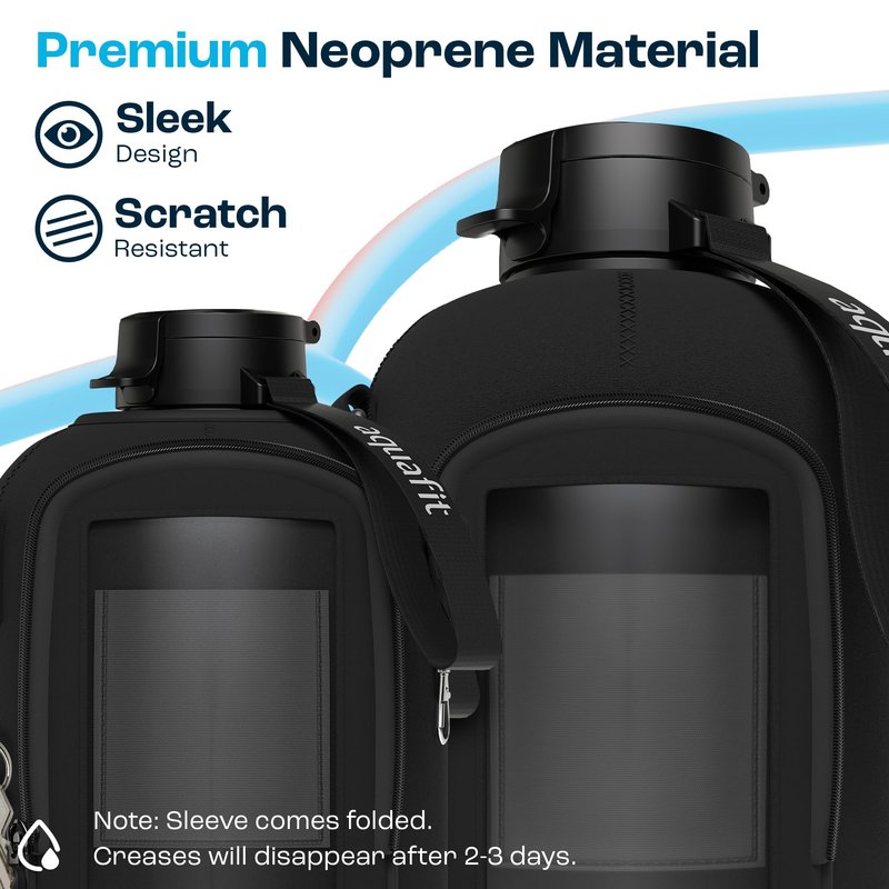AQUAFIT 1 Gallon Jug Sleeve, Neoprene Water Bottle Bag with Adjustable Shoulder Strap and Pocket, 128 oz Sling Bag, Carrier Bag (Sleeve Only - No Bottle, Black)
