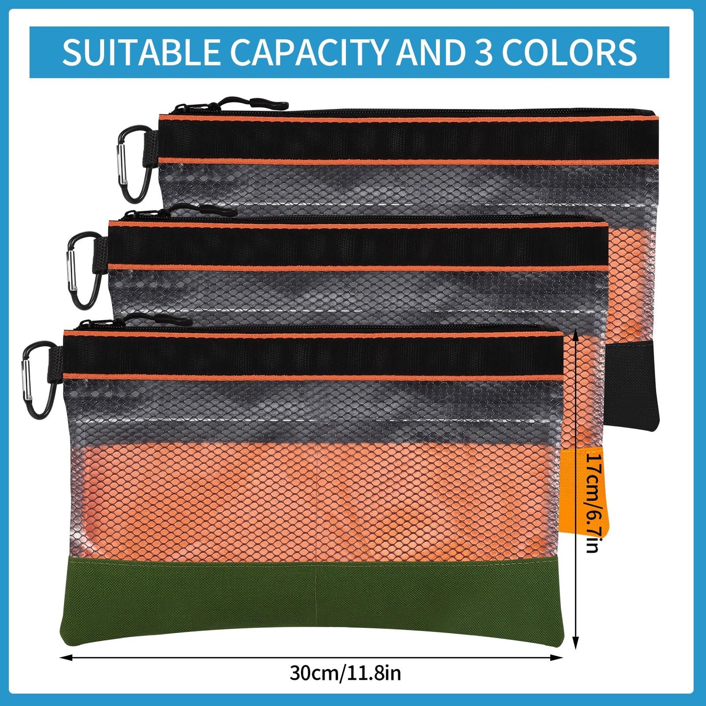 BESARME 3 Pcs 11.8" Clear Tool Pouches with Zipper Heavy-Duty Small Tool Bag Waterproof Zipper Tool Pouch with Mesh Window Electrician Tool Pouch for Men and Women