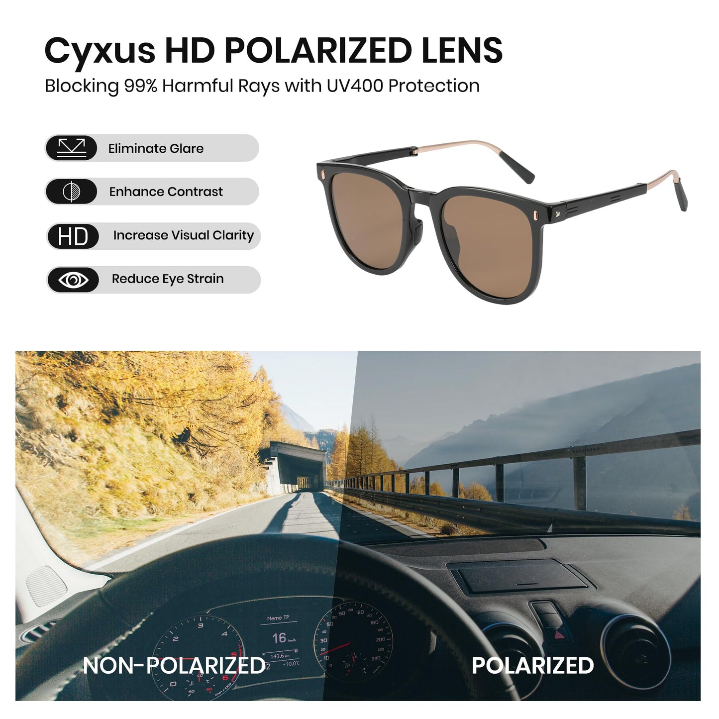 Cyxus Foldable Polarized Sunglasses for Women Men, 24g TR90 Square Frame 99.99% UV Protection Beach Driving Outdoor P1576