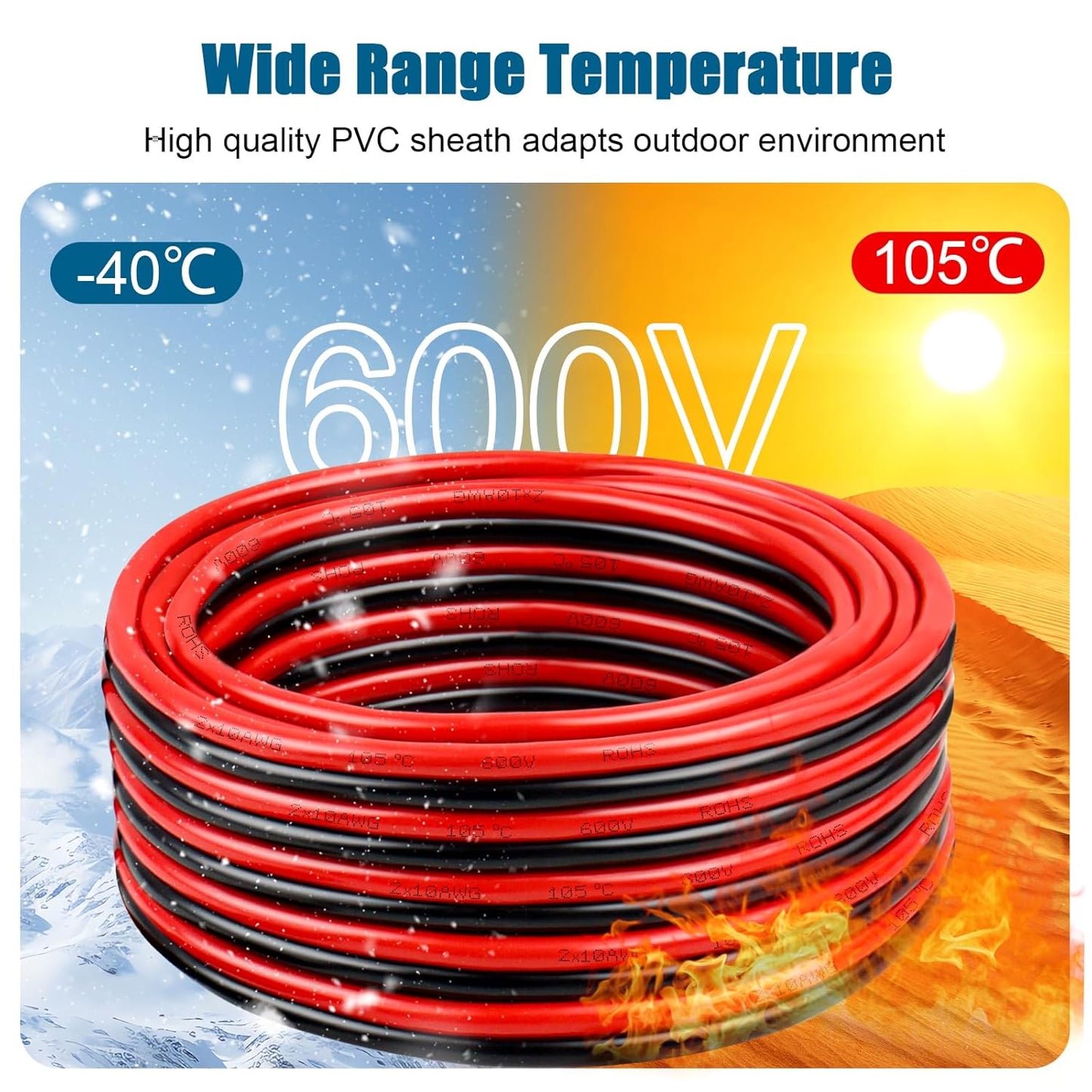 Tinned Copper Cable - 10 Gauge 2 Conductor Marine Wire | Flexible 10 AWG for Solar, LED, Boat & Automotive (10FT)