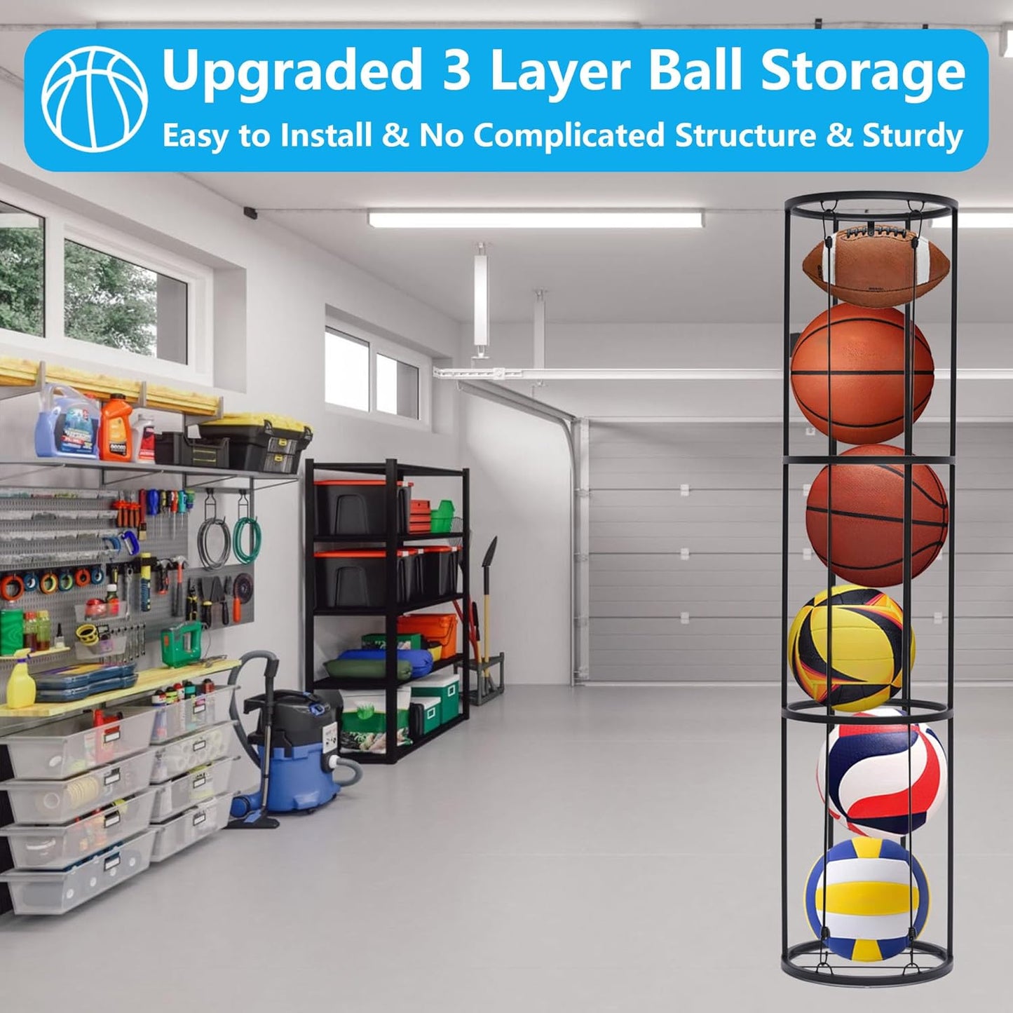 Skiennix 3-Layer Garage Ball Storage Rack - Wall-Mounted Vertical Organizer for Soccer, Volleyball, Football | Space-Saving Design
