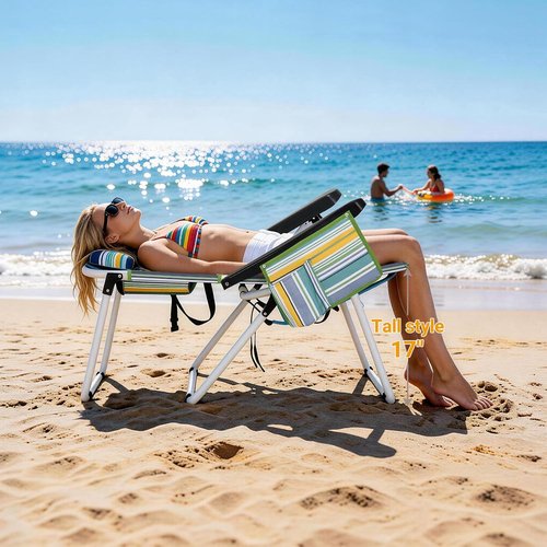 ABORON 17" Tall Folding Beach Chair - 5-Position Recline, Heavy Duty 600D Fabric & Cooler Bag