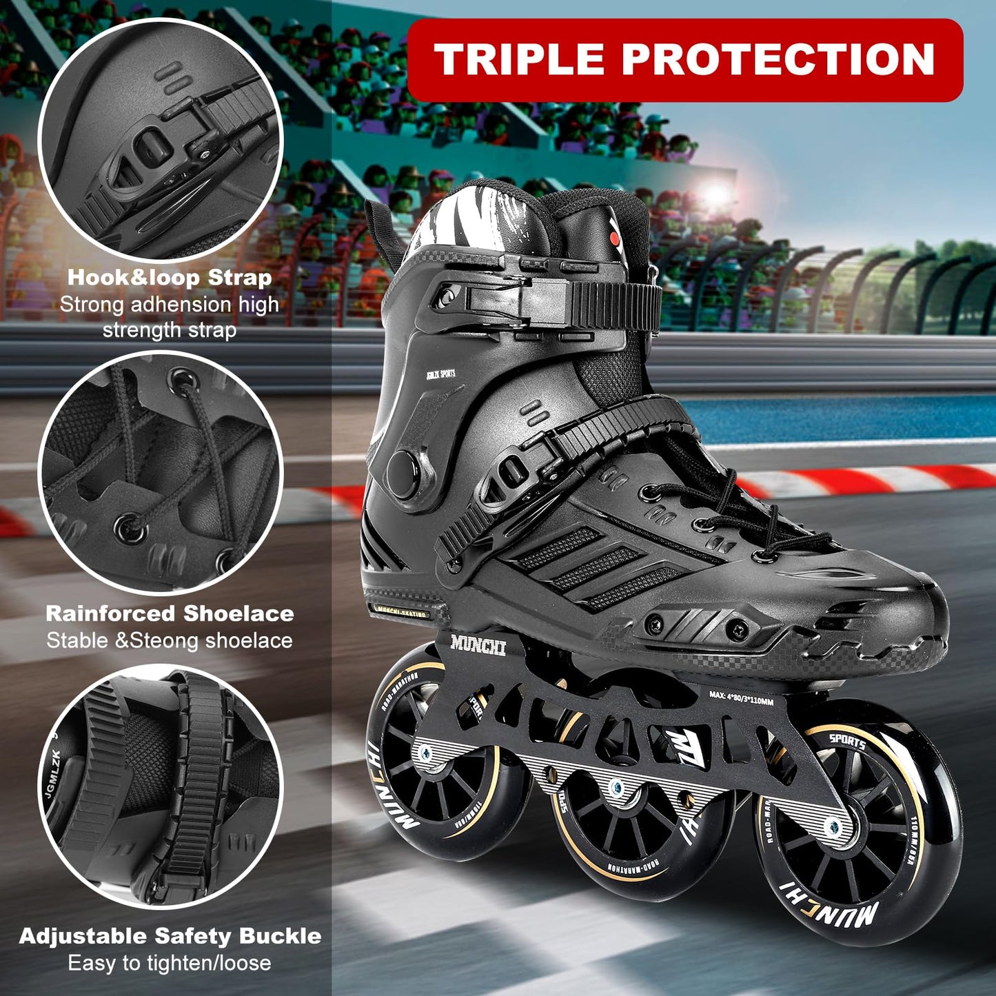 3 Wheel Inline Skates for Adult Women Men,Professional Outdoor Fitness 3X110 Mm Wheels Roller Skates Blades for Unisex (Black, Men 8/Women 9 41)