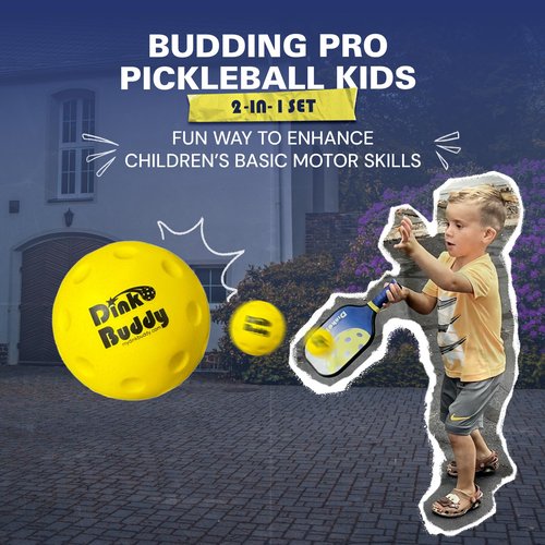 Dink Buddy - 2-in-1 Budding Pro Pickleball Kiddie Set, Complete with 4 Kelso Balls, 2 Mini Pickleball Paddles, & 1 Child-Sized Drawstring Backpack