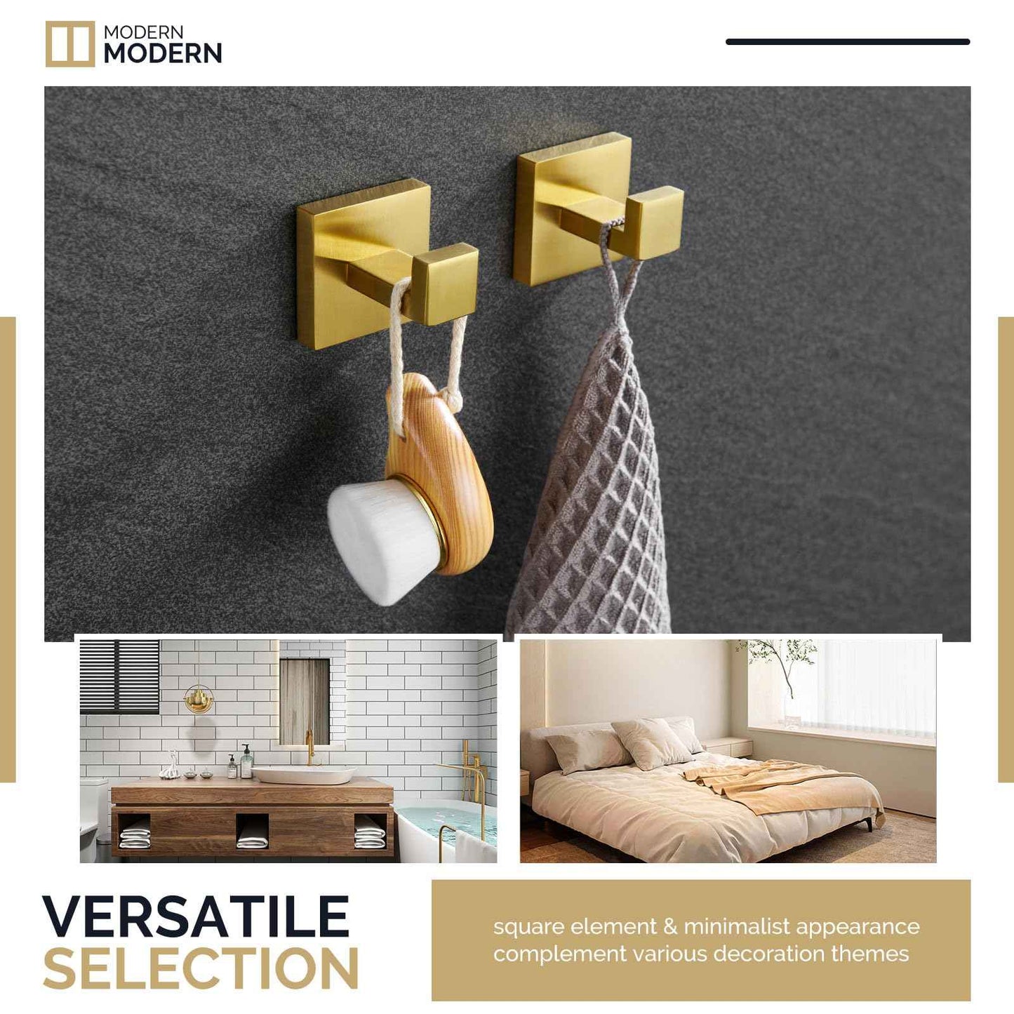 Angle Simple Towel Hook Brushed Gold 2 Pack, 304 Stainless Steel Square Robe Hook for Bathroom