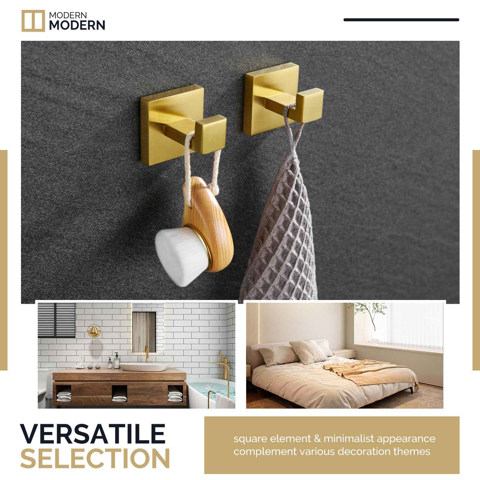 Angle Simple Towel Hook Brushed Gold 2 Pack, 304 Stainless Steel Square Robe Hook for Bathroom