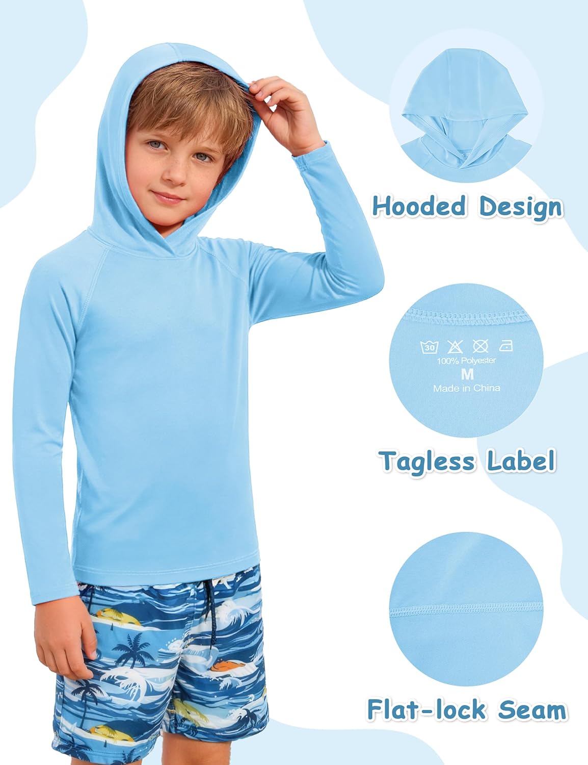 Skiennix Boys Hooded Long Sleeve Rash Guard | Youth UPF 50+ Sun Protection Swim Shirt