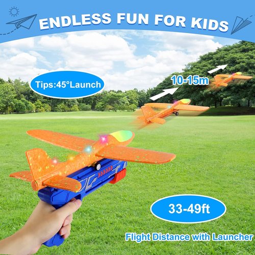 Fuwidvia Airplane Launcher Toys - 3 Pack LED Foam Glider Planes for Kids | 13.2'' Outdoor Fun, 2 Flight Modes