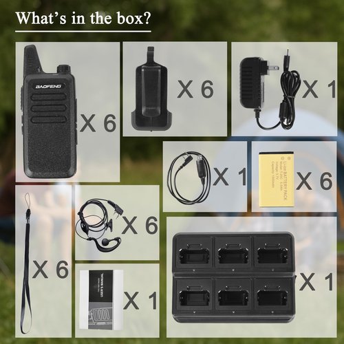 BAOFENG T20 Mini Walkie Talkies with Earpiece, FRS 2 Way Radios with 6 Way Multi Charger Base, USB-C, 22CH, License-Free for School Warehouse Camping(6 Pack)