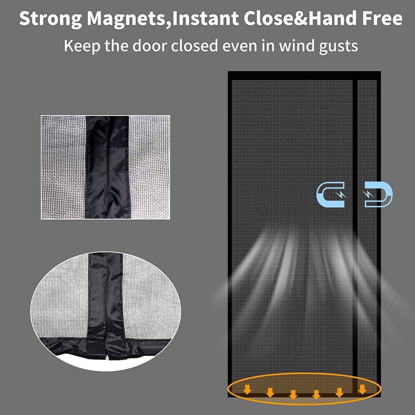 Reversible Left or Right Side Opening Magnetic Screen Door, Narrow Durable Fiberglass Mesh Curtain Hands Free for Patio, Bedroom, Fits Door Size 38" x 82", Black