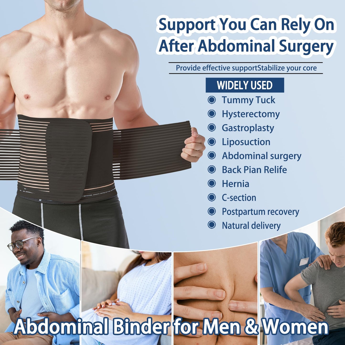 Reian Abdominal Binder for Post Surgery & Postpartum Recovery, Abdomen Hernia Support Belt for Women & Men (Black, X-Large)