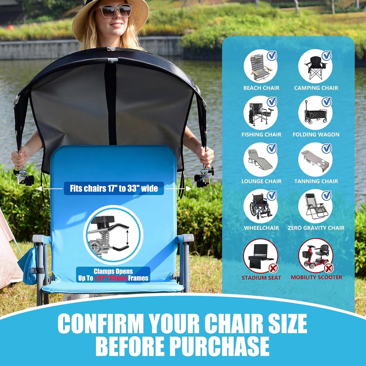 Skiennix Universal Chair Umbrella Canopy - Foldable Portable Sun Shade Attachment with Adjustable Clamp for Beach, Camping, and Outdoor Use