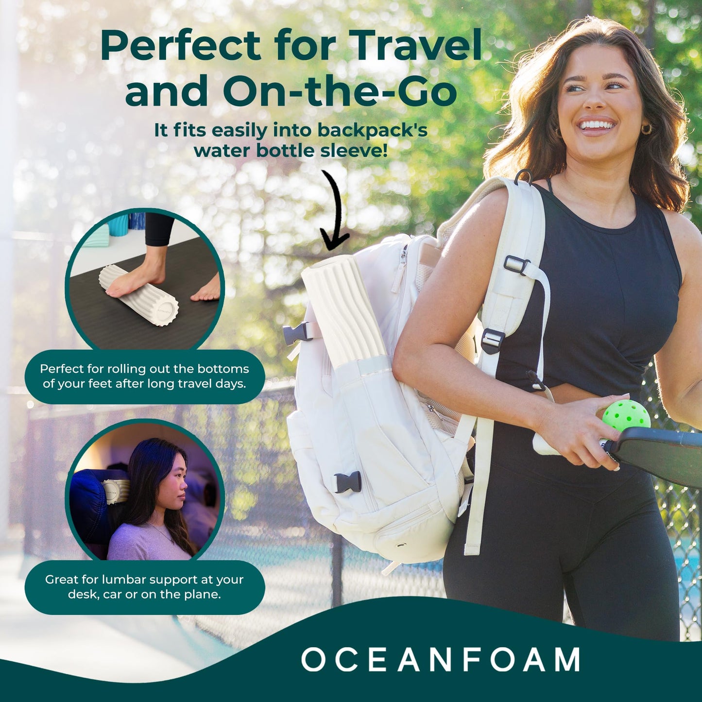 Oceanfoam Ripple Travel Foam Roller (11" x 3.35") Firm Mini Foam Roller for Physical Therapy, Deep Tissue Massage, Back Pain - High Density, Ergonomic Wave Textured - Yoga, Pilates, Exercise (Natural)