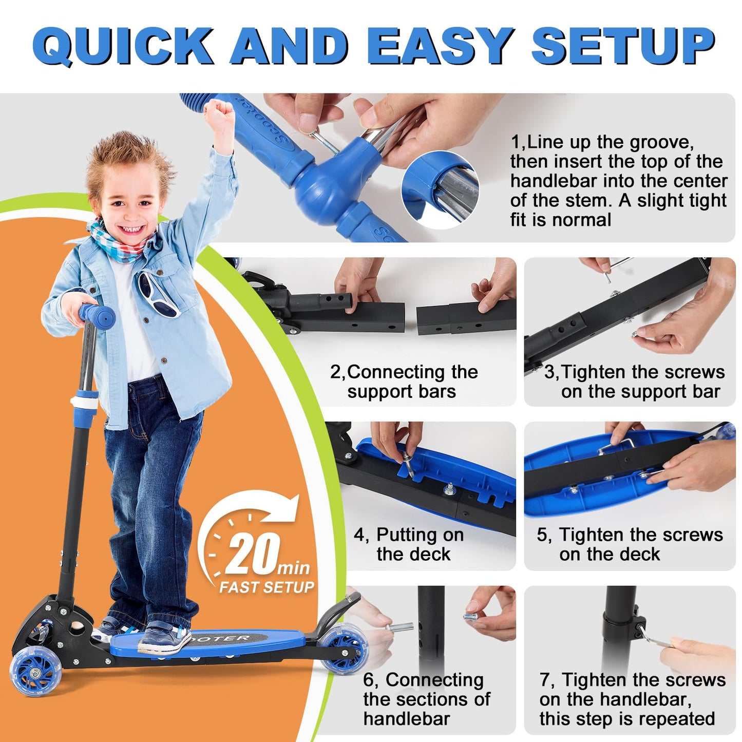 Scooters for Kids 6-8 8-12, Folding, 3 Light up Wheels Kick Scooter,3 Adjustable Height Handlebars, Lean-to-Steer,Widen Anti-Slip Deck, Heavy Duty Scooter for Boys Girls Ages 6-12,up to 170 Lbs