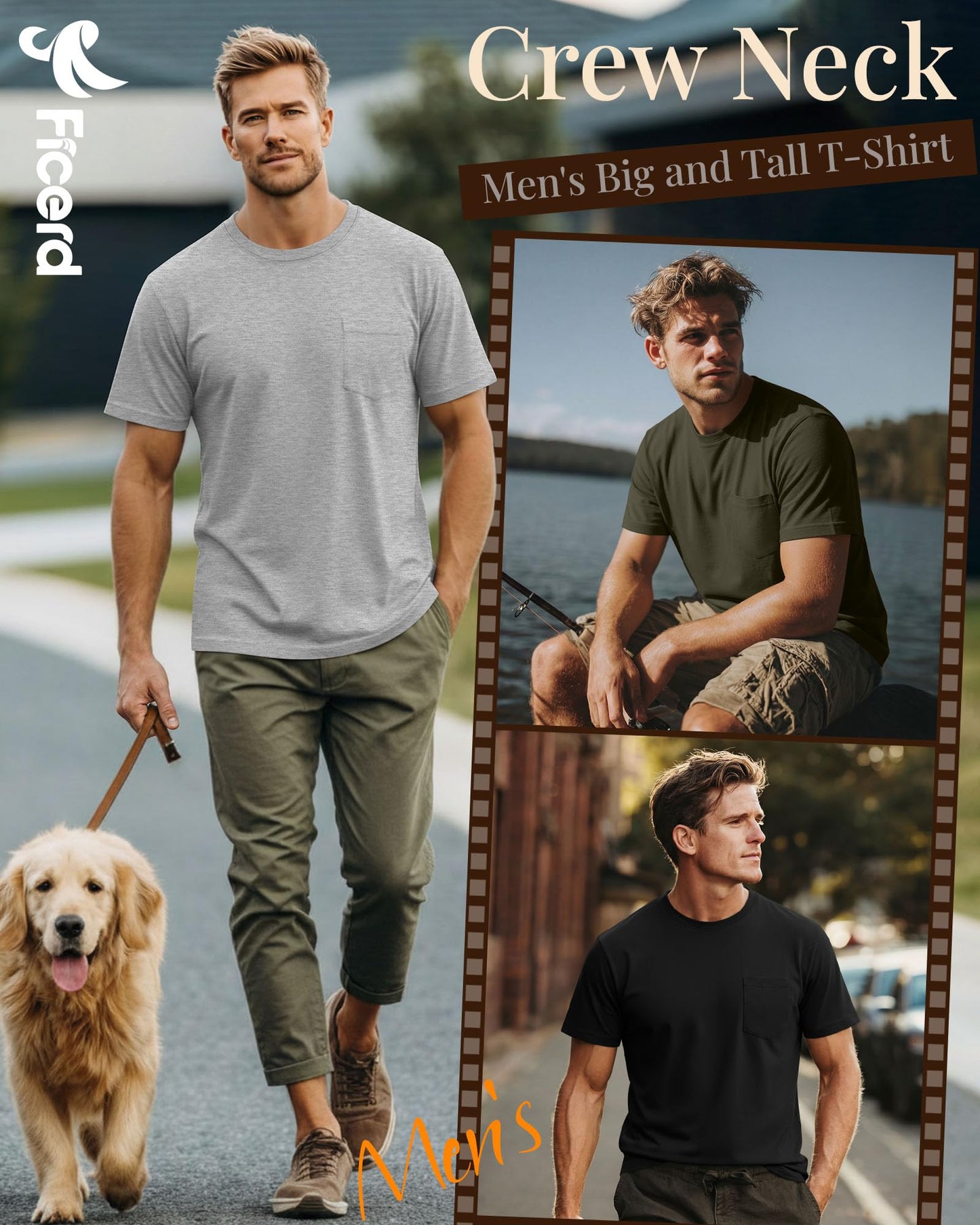 Ficerd 3 Pack Men's Big and Tall T-Shirt, Short Sleeve Pocket Basic Tee Crew Neck Lightweight Tops Solid Loose Fit Shirts(Black, Army Green, Light Mixed Gray,X-Large)