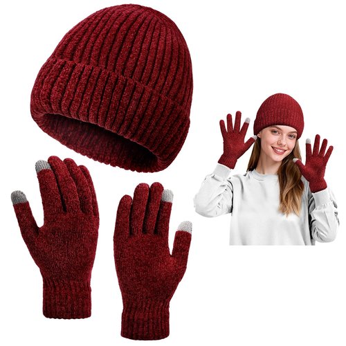 Fivali Winter Hat and Gloves Set: Windproof Thermal Knit Cuffed Beanie and Warm Touchscreen Gloves for Men Women in Cold Weather Outdoor Sports Commuting Skiing Hiking, WineRed