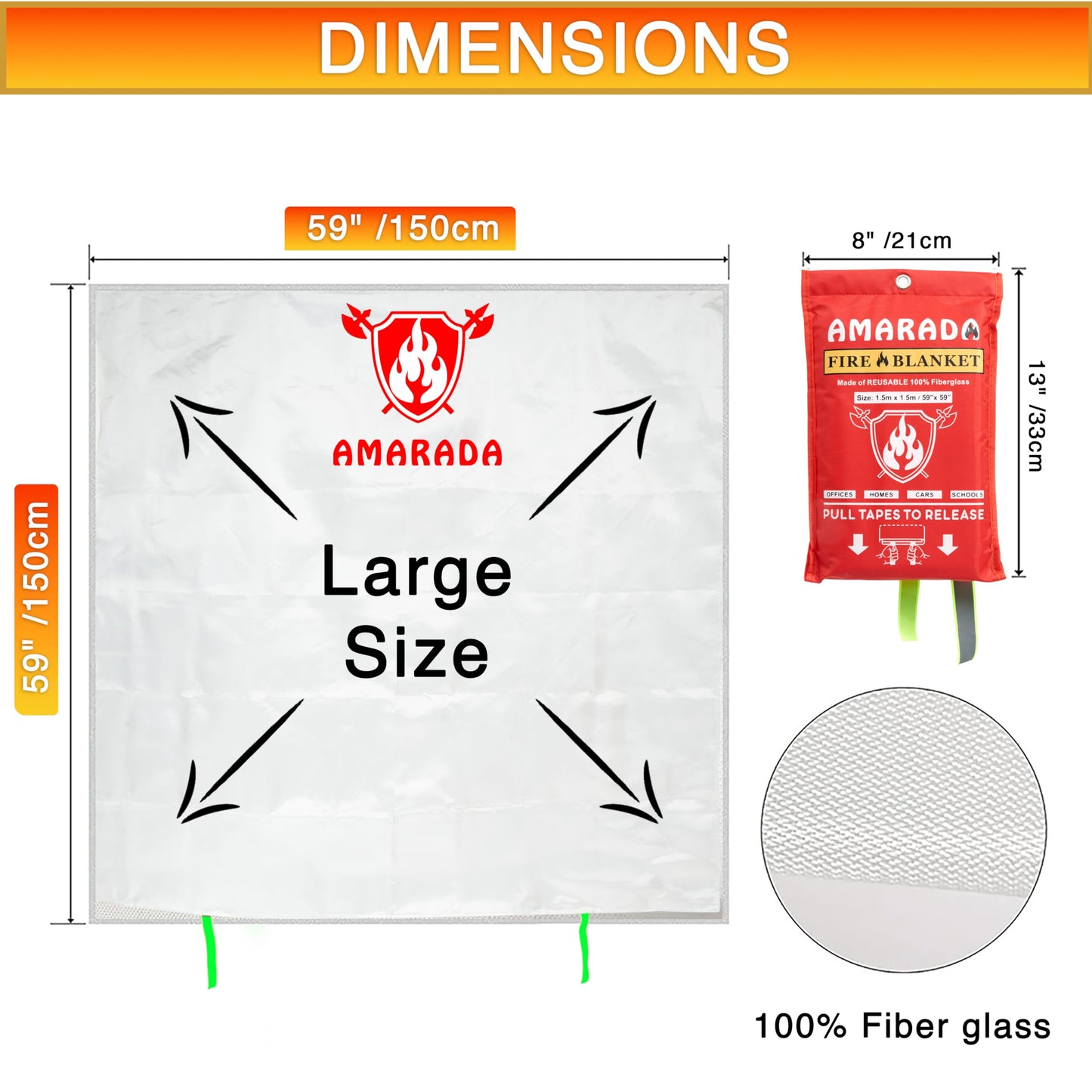 AMARADA | 2 Pack Emergency Fire Blanket | Large Size 59"x 59" | Ideal for Kitchen, Schools, Offices, Cars, Camping, BBQ, Outdoor Activities