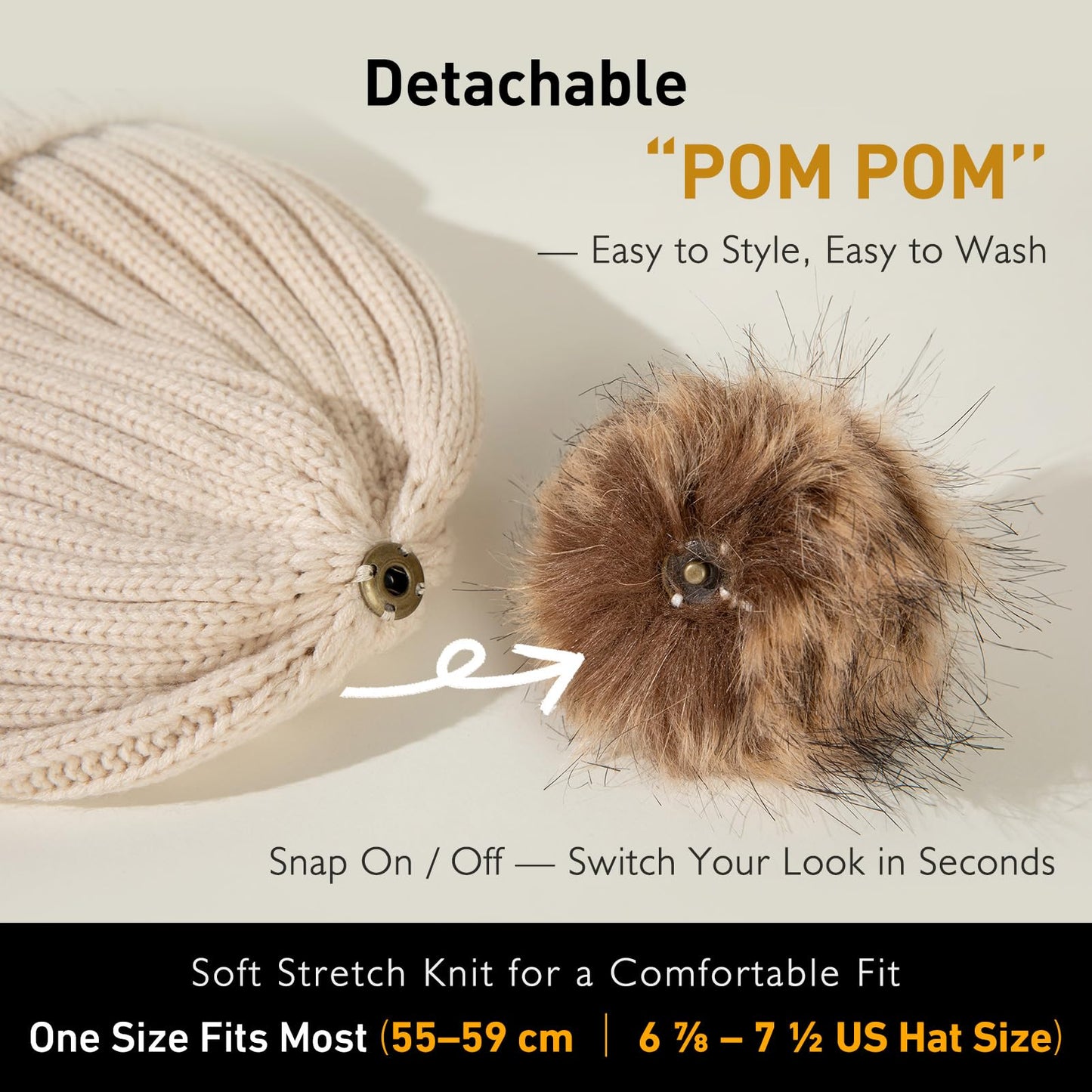 TOP-EX Waterproof Winter Pom Knit Skull Beanie Hat for Women Stocking Cap Warm Fleece Lined with Cute Faux Fur Ski Snow Windproof Black