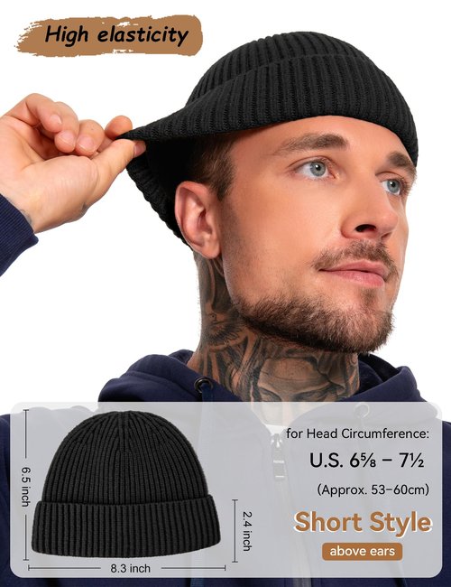 choshion Fleece Lined Wool Fisherman Beanie for Men Women, Thermal Skull Cap Winter Hats, Cold Weather Warm Knit Cuffed Cap, Black