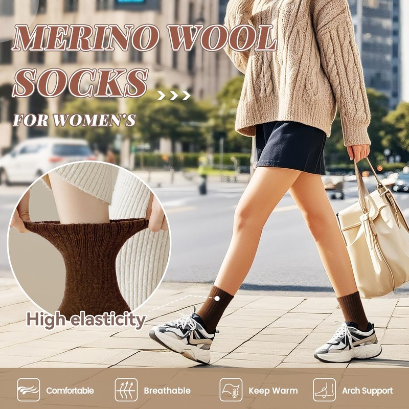 SeeyAN Merino Wool Socks For Women Hiking Winter Boot Thermal Warm Thick Cozy Work Crew Socks 5 Pairs (Brown/Khaki/Grey/Black)
